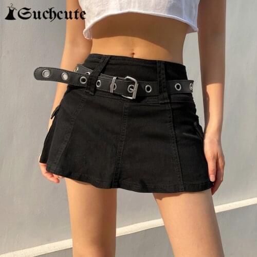 SUCHCUTE Gothic Casual Zipper Fly Safety Short Denim Skirt Summer Streetwear Low Waist Mini Jeans Skirt For Women Harajuku