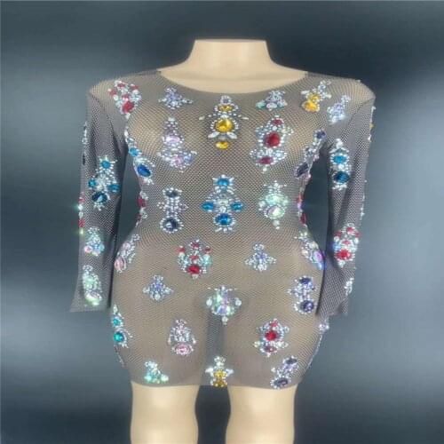 V37 Singer perform dance costumes black mesh evening dress red blue crystal hip skirt stretched rhinestones one piece tights bar