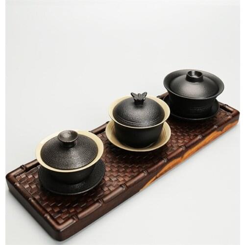 Vintage Ceramic Chinese Kung Fu Gaiwan Coarse Pottery Tea Cups with Lid Creative Handmade Teapot Kettle Office Tea Set Drinkware