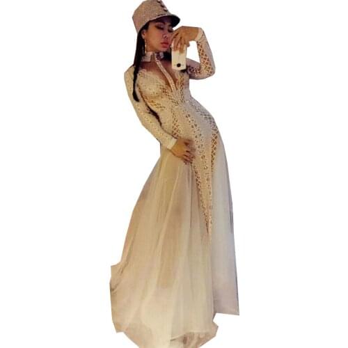 High Grade White Voile Perspective Dress Women Long Tailing Dress Nightclub Bar Prom Party Costumes Singer Dance Show Stage Wear