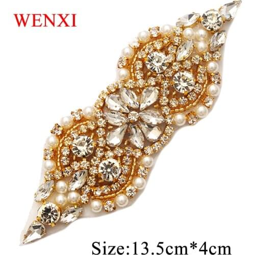 WENXI 5PCS Handmade Rhinestones Appliques Patch For Wedding Dress Sash Rose Gold Clear Crystal Rhinestones Accessory
