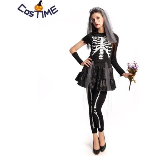 Womens Skeleton Bride Costume Zombie Costume Corpse Bride Black Bone Costume Fancy Dress Halloween Party Costumes One Size