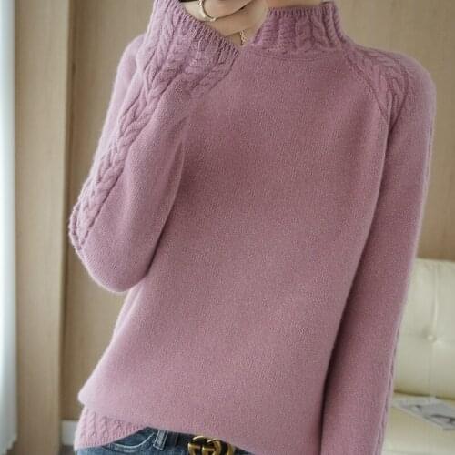 New autumn and winter half high neck cashmere sweater long-sleeved knitted ladies wool sweater loose and comfortable pure color