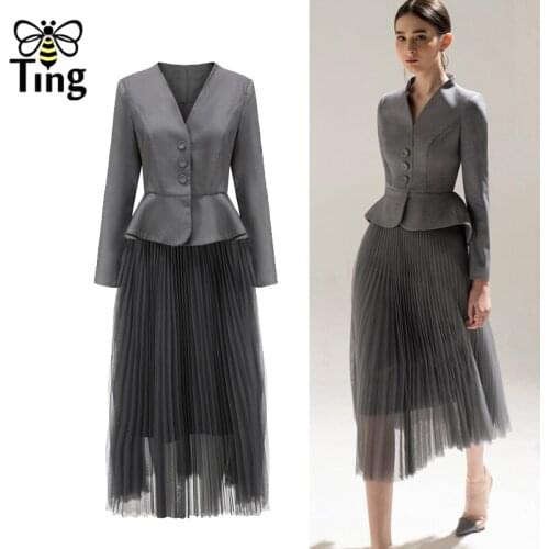 Tingfly Designer Runway Vintage Single Breasted Slim Coat & A Line Midi Skirt Women Office Work 2 Pcs Sets Dress Sets Outfits C