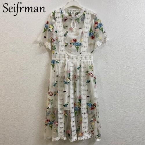 Seifrmann New 2021 Summer Women Fashion Designer Midi Dress Short Sleeve Lace Embroidery Hollow Out Elegant Ladies A-Line Dress