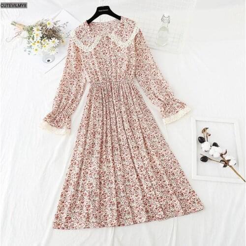 Vintage Lace Peter Pan Collar Butterfly Sleeve Dresses Basic Ruffle Chiffon Robes Floral Print Ladies Fashion Vestido