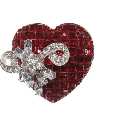 100pcs/lot 57mm/2.244inch Red Heart-shaped Bowknot Rhinestone Crystal Brooch Pin Fashion Women Jewelry
