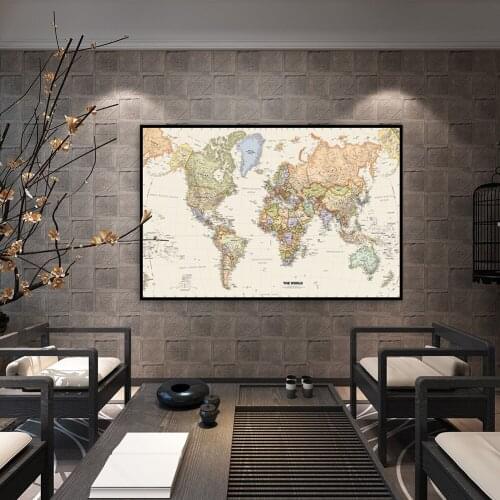 60*40cm The World Political Map with Details Retro Canvas Painting Wall Art Poster School Supplies Living Room Home Decor