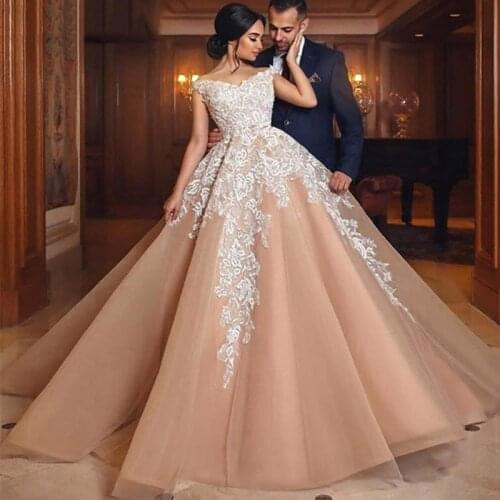 Eightree Ball Gown Champagne Wedding Dress 2021 Off Shoulder Lace Up Backless Turkey Bridal Gown Bohomian Vestidos De Noiva