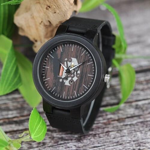 BOBO BIRD Classic Wood Watches Men Movement Visible Dial Quartz Wristwatch Relogio masculino Leather Band Clock Gifts Bamboo Box
