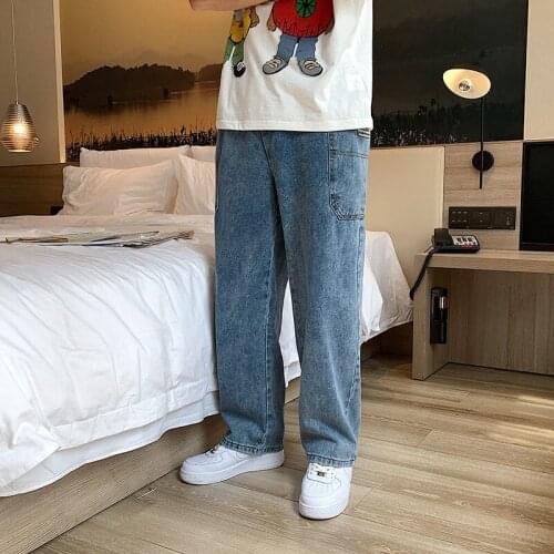Jeans Trendy Brand Loose Straight-leg Trousers Sports Men Overalls Stitching Hiphop Streetwear Washed Retro Label Wide-leg Jeans