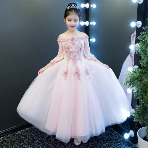 Elegant Lace Girl Dress Kids Girl Party Princess Gowns Beads Appliques Flower Girl Dresses for Wedding kids First Communion Gown