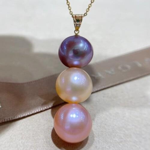 HENGSHENG Fashion Freshwater Natural Colorful Round 12-13mm Pearls Pendant Women,Wedding 18K Pearl Necklace Fine Jewelry