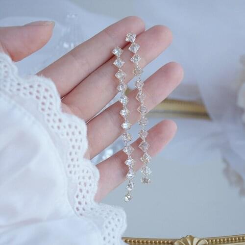 Korean hot fashion jewelry 14K real gold plated copper inlaid AAA zircon earrings luxury long shiny wedding prom earrings