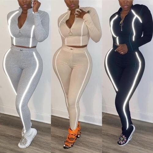 Echoine Autumn Women Sportwear reflective stripe Two Piece Set Crop Tops Jogger Pants Suit Tracksuit Matching Set Casual Outfit