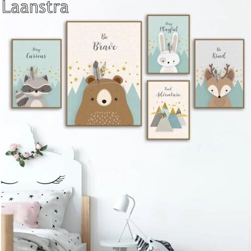 Bear Rabbit Fox Deer Nursery Wall Art Canvas Painting Cartoon Nordic Posters and Prints Wall Pictures Girl Boy Kids Room Decor