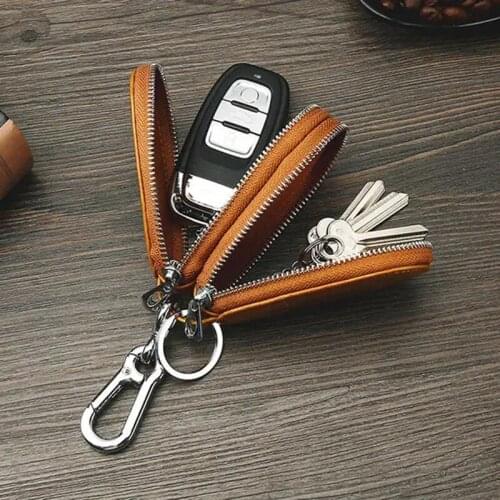 Fashion Genuine Leather Mini Car Key Case Double Zipper Portable Small Objects Storage