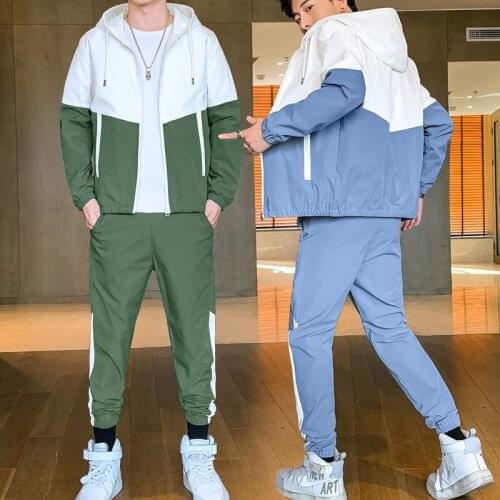 Youth Fashion Mens Hooded Jacket+Pant Sportwear Sets Men Patchwork Sport Suit Casual Tracksuit Male Couples Sweat Suits M-6XL