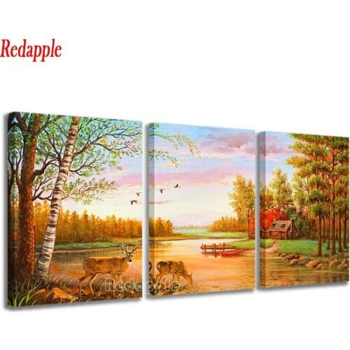 Wall Art Bedroom Wildlife Hut Deer Country DIY Diamond Painting Full Diamond Embroidery Cross Stitch Triptych Home Decoration