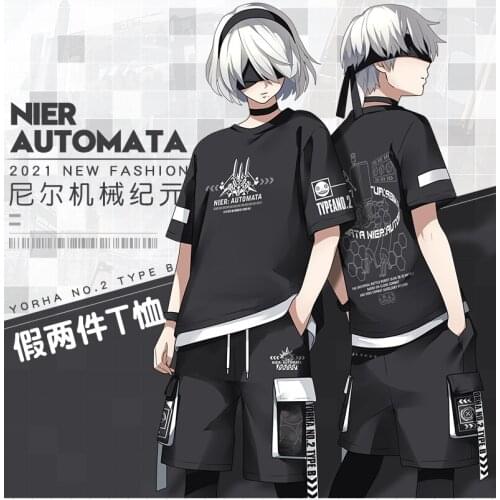 NieR:Automata HOT Game YoRHa No.2 Cartoon Cosplay Fake Two Short Sleeve Pullover Unisex Summer Casual Loose Short Pants Set