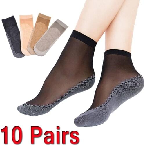 10 Pair Spring Summer Women Soft Socks Casual Non-Slip Bottom Splice Fashion Transparent Ladies Girls Breathable Thin Silk Sock