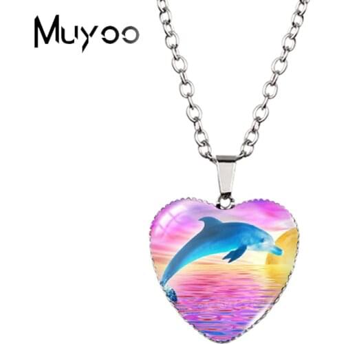 2021 New Arrival Galaxy Landscape Ocean Animal Dolphins in Sunset Handcraft Jewelry Heart Pendants Necklace HZ3