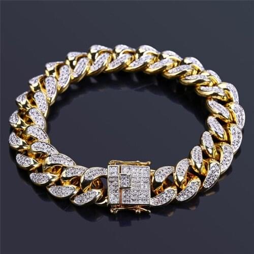 Full Rhinestone Iced Out Men Hip hop Bling Cuban Bracelet Paved Rhinestones Chain Copper CZ Bracelets For Women Men Jewelry