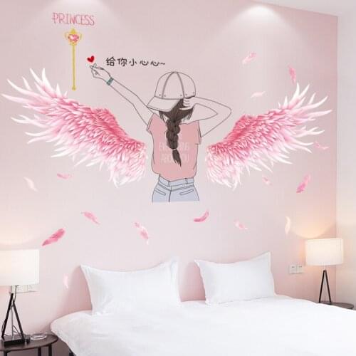[shijuekongjian] Cartoon Girl Wall Stickers DIY Feathers Wings Mural Decals for Kids Room Baby Bedroom Nursery House Decoration