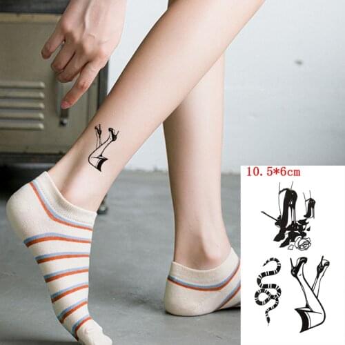 Waterproof Temporary Tattoo Sticker Black High Heels Peony Flower Snake Flash Tatoo Fake Tatto Art for Women Men Kids 10.5*6cm