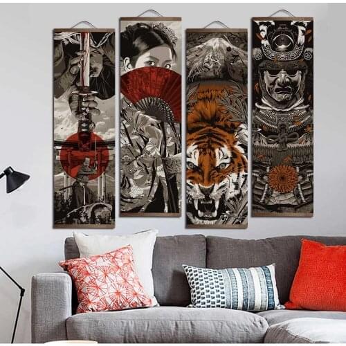 Japanese Ukiyoe Samurai Tiger Canvas Posters Wall Painting for Living Room Wall Art Decor Aesthetic Wood Hanging Scroll Picture