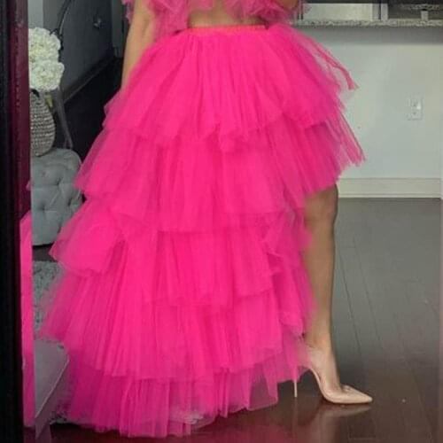 100% Real Photo High Tulle Skirts Womens Asymmetrical Tutu Hot Pink Tiers Long Maxi Skirts for Wedding Party Plus Size