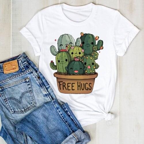 Women Lady Summer Cactus Free Hug Cartoon Print Ladies T Tee Tshirt Womens Female Top Shirt Clothes Graphic Clothing T-shirt