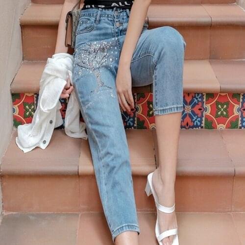 Chic Sequined Pattern Ankle Length Womens Thin Denim Wide Leg Pants High Waist Loose Fit Plus Size Casual Female Harem Trousers