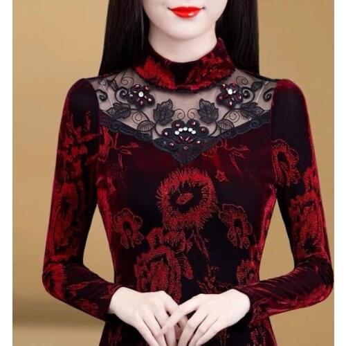 Women Autumn Winter Style Lace T-Shirts Lady Casual Long Sleeve Embroidery Flower O-Neck Hollow Sexy Tops Plus Size 5XL Y760