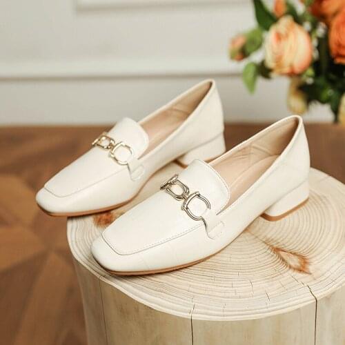 Womens Autumn New Style Leather Square Toe Metal Decorative Low-heel Shallow Mouth Elegant Loafers