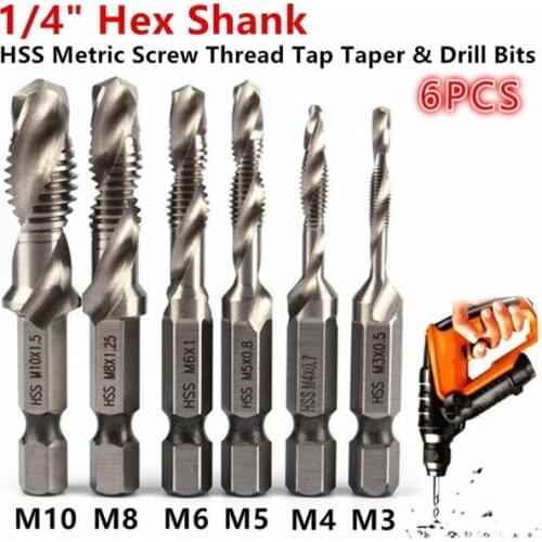 6PCS Metric Thread 1/4"Hex Shank Bits Set Thread Titanium Coated HSS Drill and Tap Bits for Drill A Hole and Cut Tools