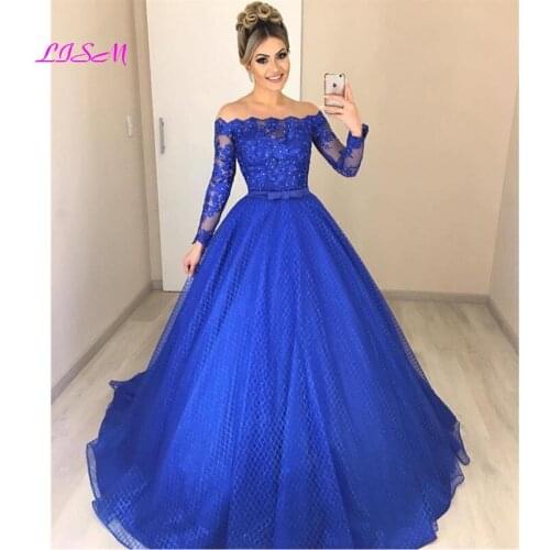 Off the Shoulder Long Sleeves Ball Gown Prom Dresses Lace Applique Crystal Beaded Formal Dress Elegant Empire Long Evening Gowns