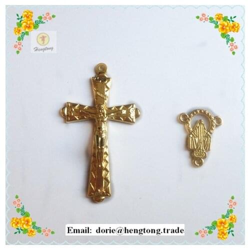 Free ship cheap 30 sets plated gold religious rosary parts & pendants catholic rosary Jesus cross & Saint Benedict center piece