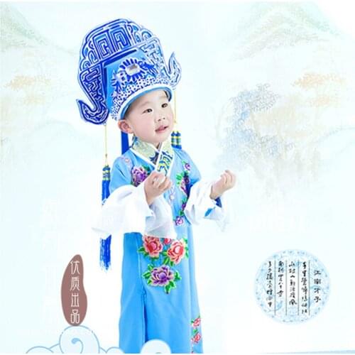Jiang Nan Scholars Little Boy Peking Opera Costume Blue Opera Costume Full Set with Hat