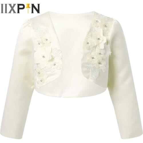 Kids Girls Embroidered 3D Flowers Long Sleeve Coat Short Cardigan Flower Girl Princess Dresses Jacket Wrap Shrug Child Bolero