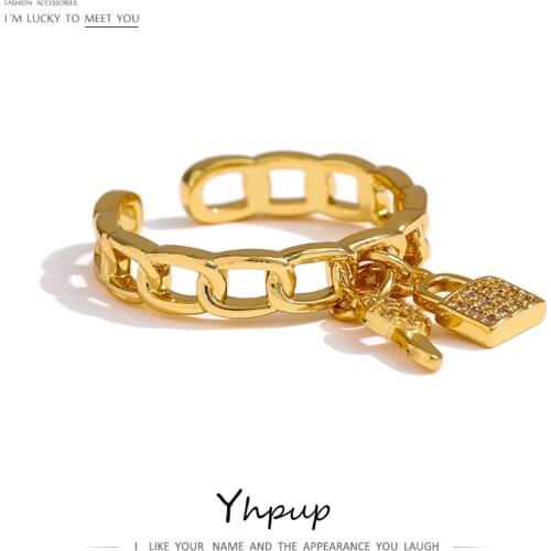 Yhpup Statement Key Lock Opening Ring for Women 14 K Metal Cubic Zirconia Finger кольцо женское Accessories Anniversary Gift