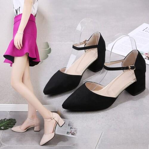 Europe and the United States new pointed buckle high heels suede black work shoes trend fashion womens shoes large size