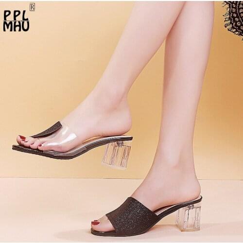 Solid PU Leather Bling Shallow Transparent Square Heel Slippers Designer Fish Mouth Open Toes Outside Sandals Womens Shoes Mules