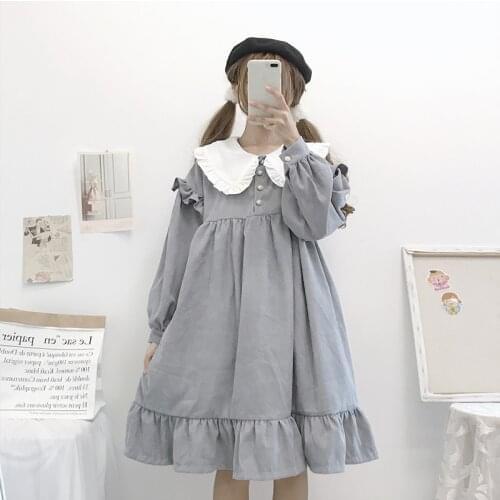 Autumn winter Lolita daily dress Kawaii new Japanese sweet retro doll collar loose ruffled long-sleeved dress