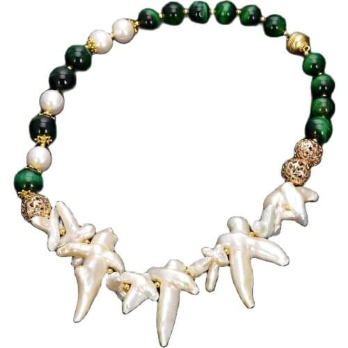GG Jewelry 19'' Green Tigers Eye White Cross Natural Pearl Keshi Pearl Necklace