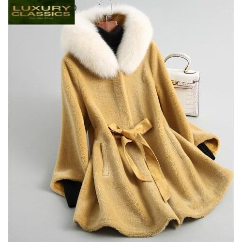 Coats Sheep Real Shearing Fur Women Clothes 2021 Autumn Winter Wool Jackets Fox Fur Hooded Long Overcoat Jacket LWL1274