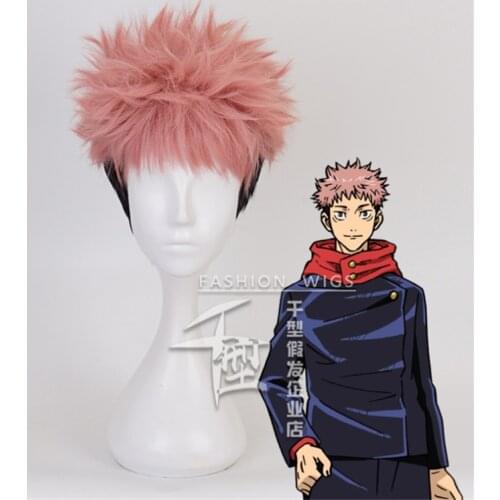 Anime Jujutsu Kaisen Short Pink Mix Black Wig Yuji Itadori Cosplay Wig Role Play Powder 25cm