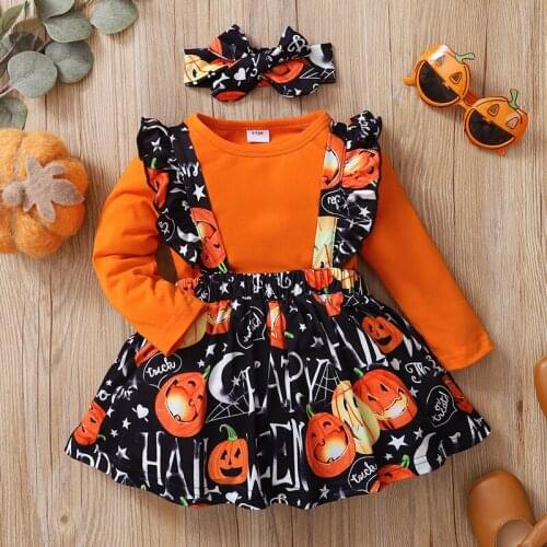 0-18M Halloween Pumpkin Print Dress Outfits Toddler Girls Long Sleeve Bodysuit+Suspender Dress Newborn Fashion Costumen