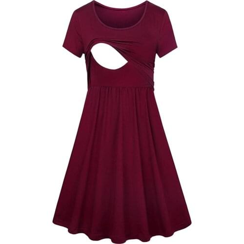 Maternity Breastfeeding Dresses Pregnant Womens Short Sleeve Fold Maternity Dress Comfy Maternity Nursing Cotton Dress Summer