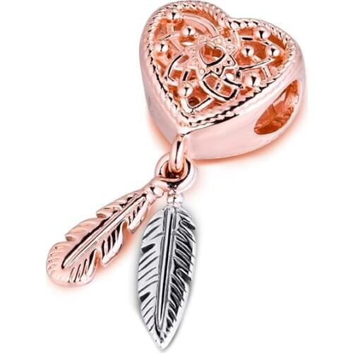 Beads 925 Sterling Silver Openwork Heart & Two Feathers Charm Fit Charms Bracelets DIY Jewelry Gift for Women 02R111